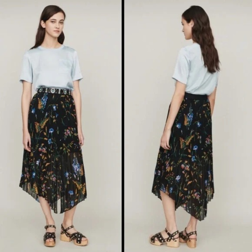 Maje black floral assymetrical pleated midi skirt - Small (1) - Picture 2 of 6